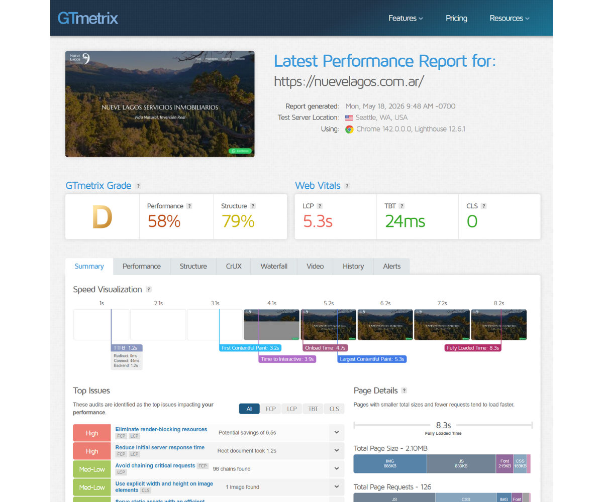 GTmetrix performance report for nuevelagos.com.ar showing Grade D, 58% performance score, and 5.3 second LCP