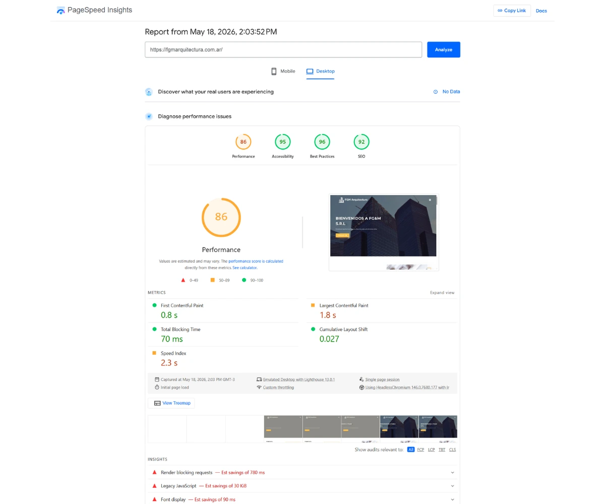 Google PageSpeed Insights desktop report showing a performance score of 86, accessibility 85, and LCP of 1.8 seconds