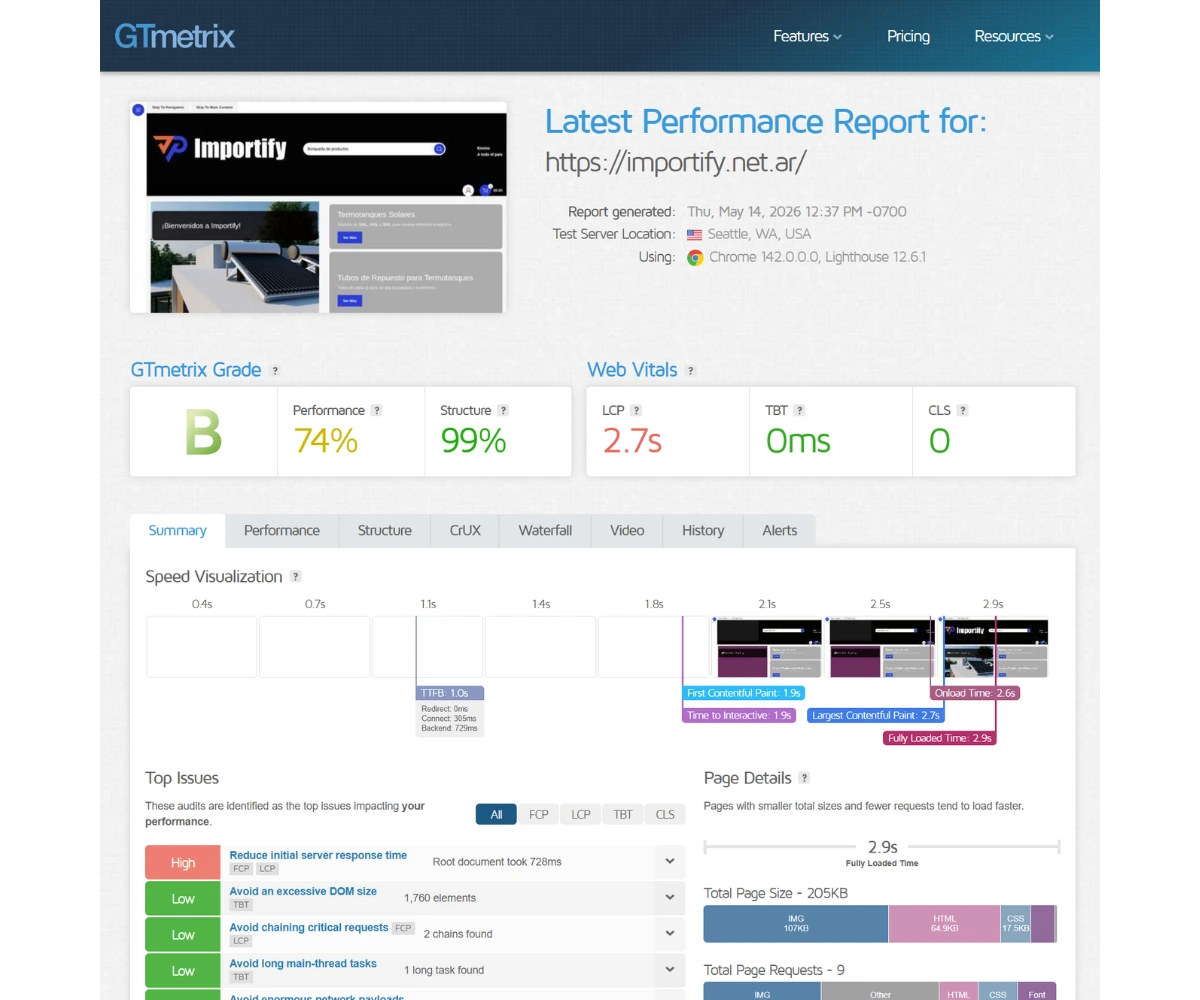 GTmetrix performance report for importify.net.ar showing Grade B, 74% performance score, 2.7 second LCP, and CLS of 0