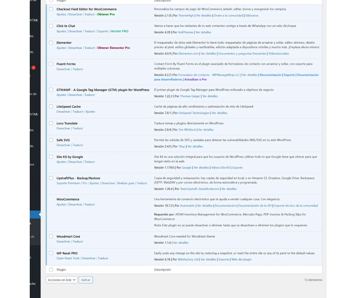 Plugin list showing 13 active plugins for the WooCommerce store, running on a LiteSpeed server